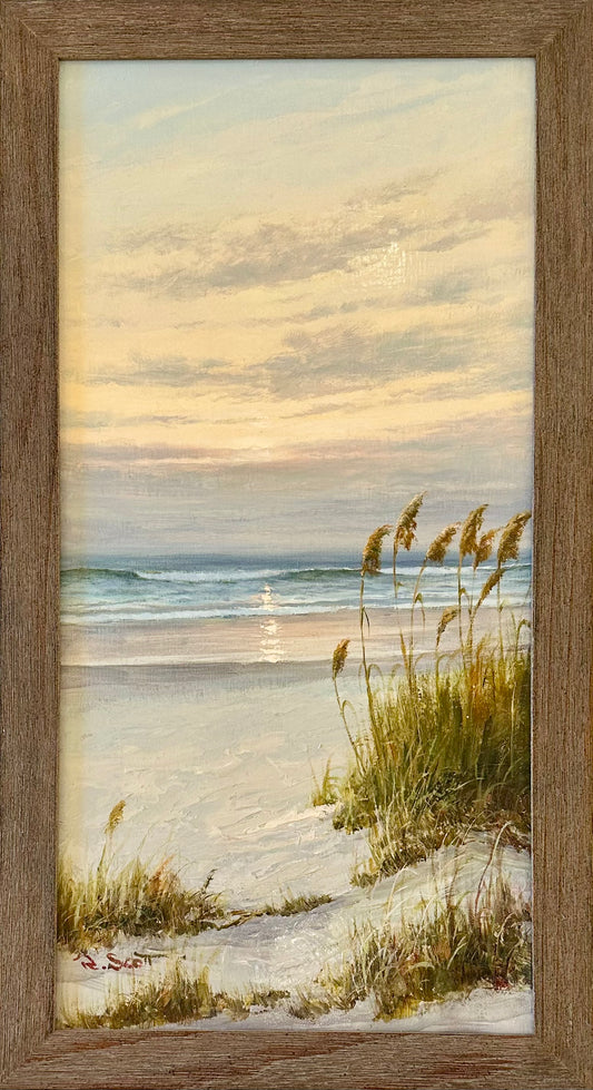 Coastal Beach Dune Sunset Oil Painting by R. Scott (framed)