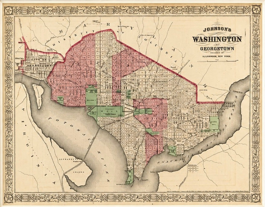 Washington, D.C. & Georgetown Map by A.J. Johnson, Circa 1868, Custom Framed