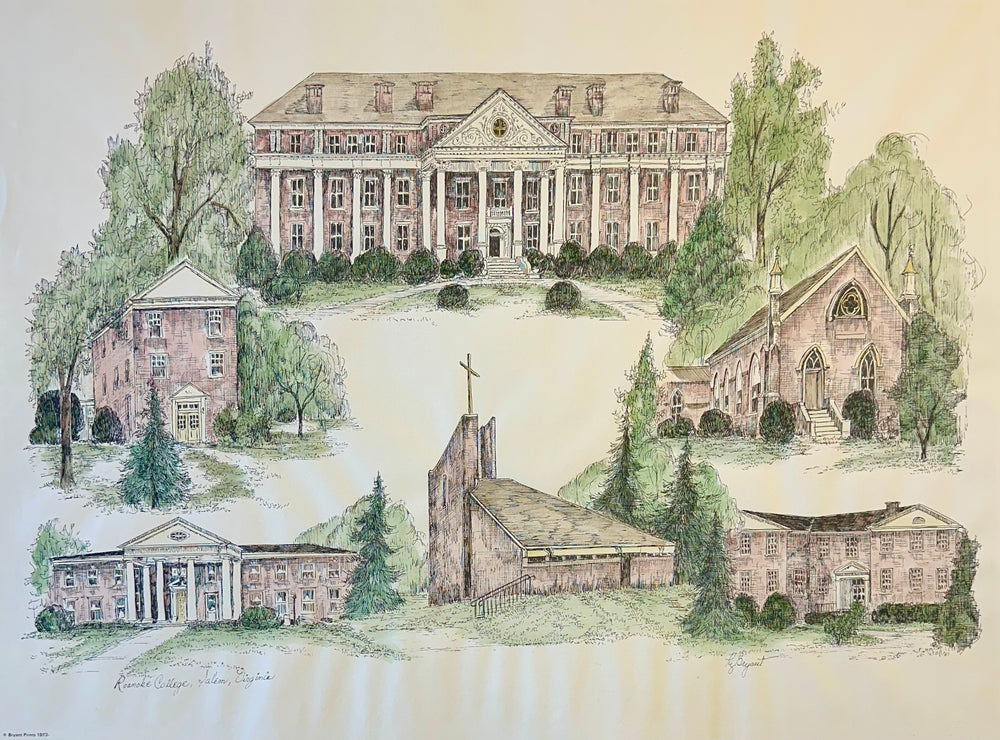 Roanoke College, Salem Virginia Campus Print by Liz Bryant – Hand-Colored Architectural Illustration, 24” x 18”