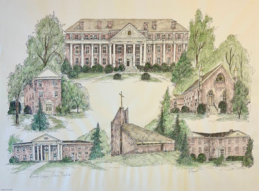 Roanoke College, Salem Virginia Campus Print by Liz Bryant – Hand-Colored Architectural Illustration, 24” x 18”
