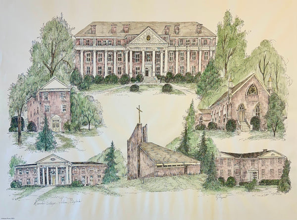 Roanoke College, Salem Virginia Campus Print by Liz Bryant – Hand-Colored Architectural Illustration, 24” x 18”