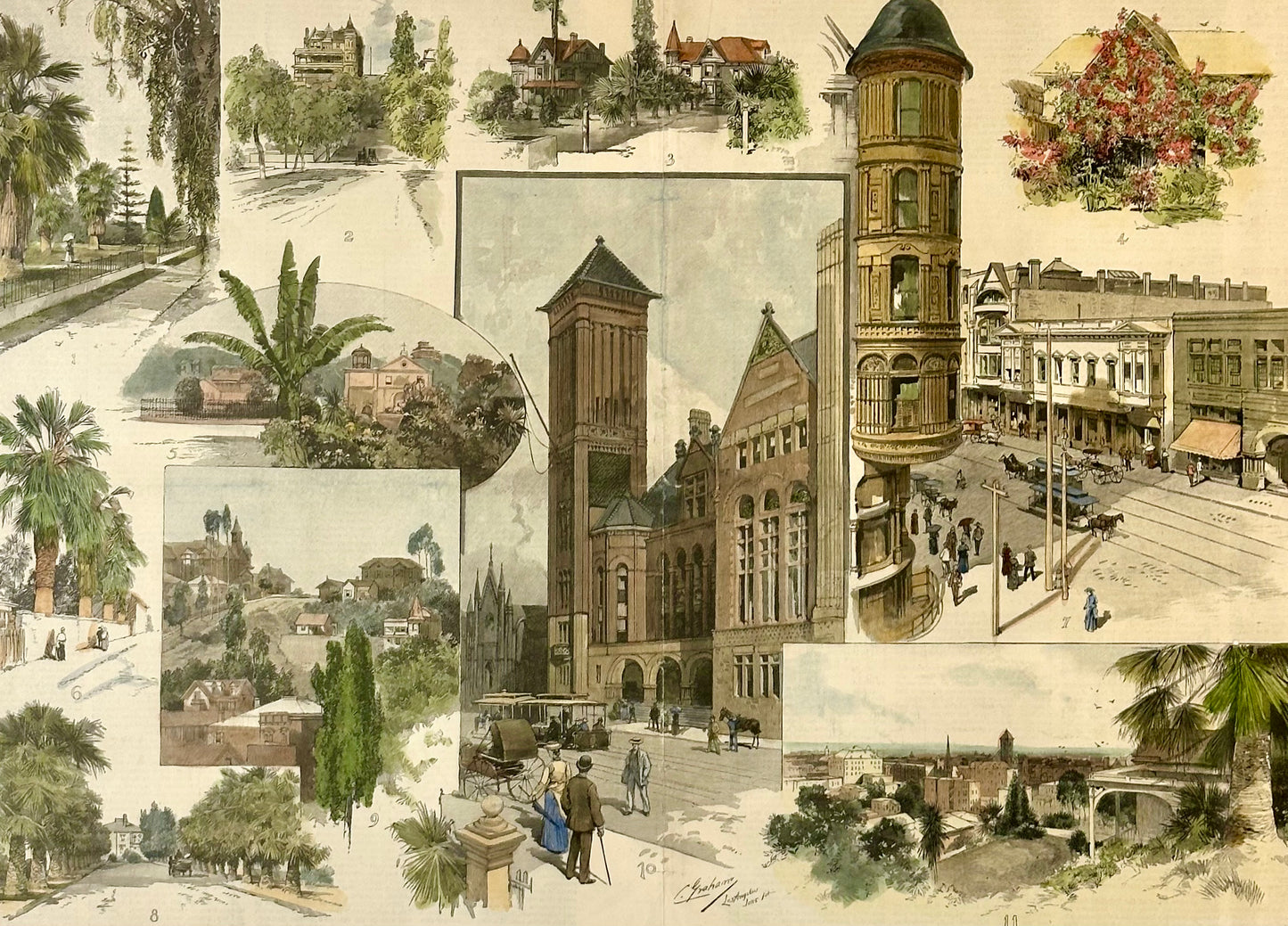 City of Los Angeles, California – Harper’s Weekly 1890 Hand-Colored Wood Engraving