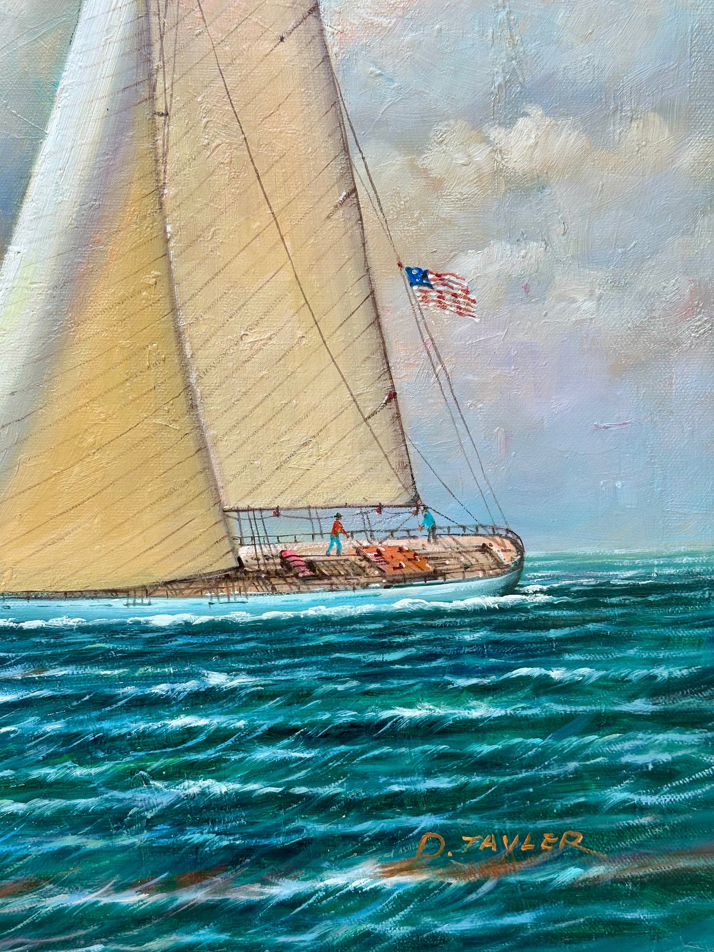 Yacht Racing Sailing Seascape Oil Painting on Canvas, Unstretched, by D. Tayler