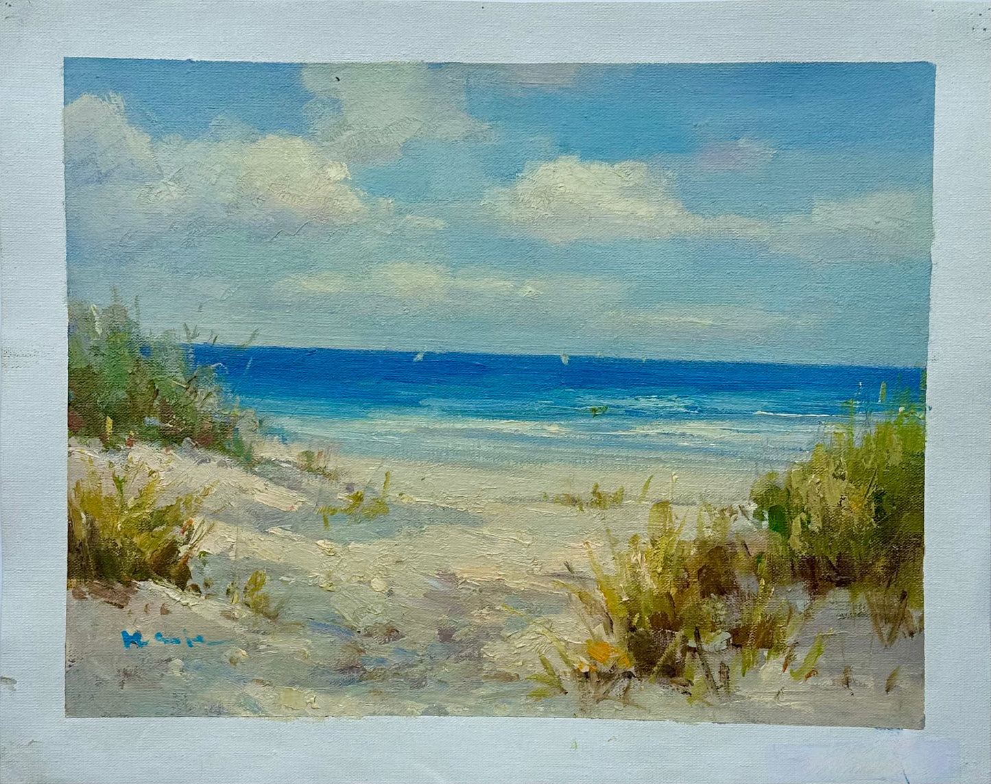 Coastal Beach Dune Seascape Oil Painting on Canvas, Unstretched, by H. Cole