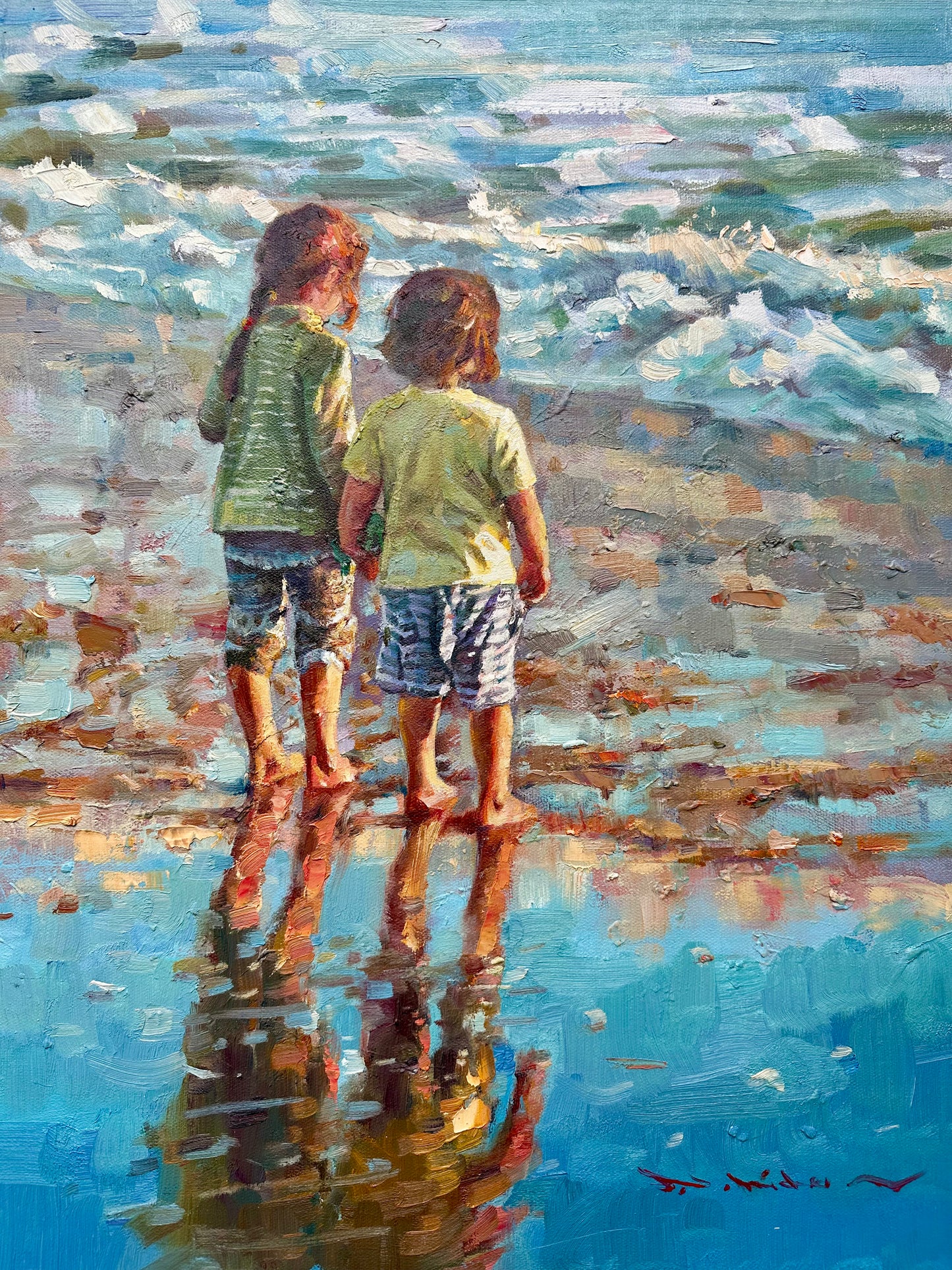 Children at the Seashore" Original Oil Painting - Contemporary Impressionist Beach Scene, unstretched