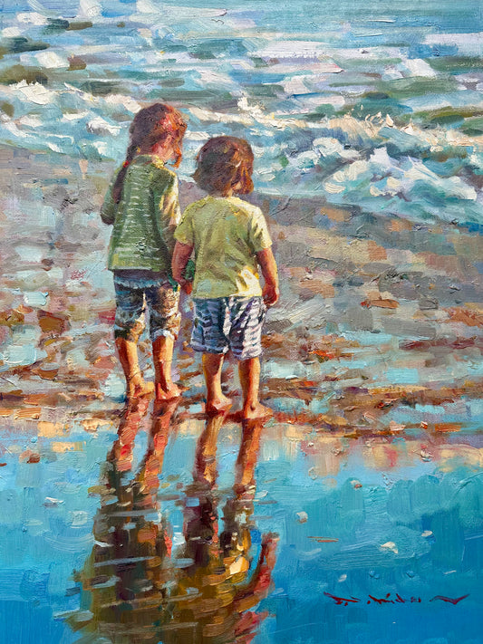 Children at the Seashore" Original Oil Painting - Contemporary Impressionist Beach Scene, unstretched