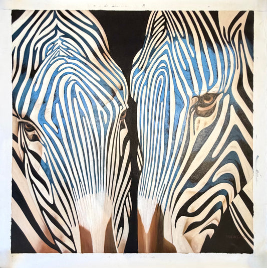 Contemporary Blue Zebra Double Portrait Painting – Original Oil by P. Charles on Unstretched Canvas, 40" x 40"