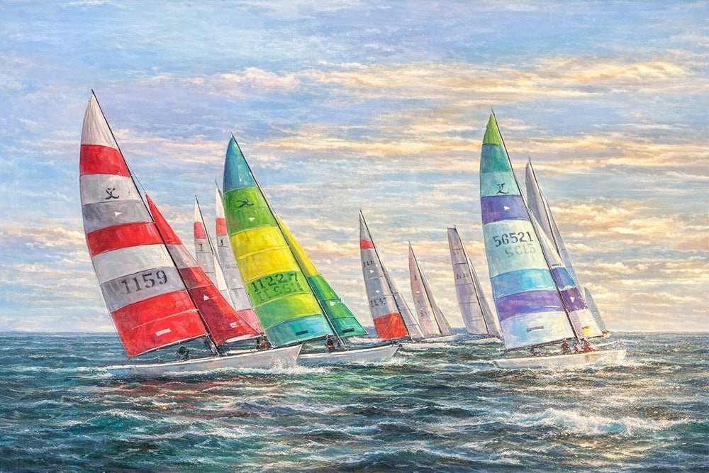 Sailboat Regatta Oil Painting – Coastal Racing Scene by Matt Thomas – 30" x 40"