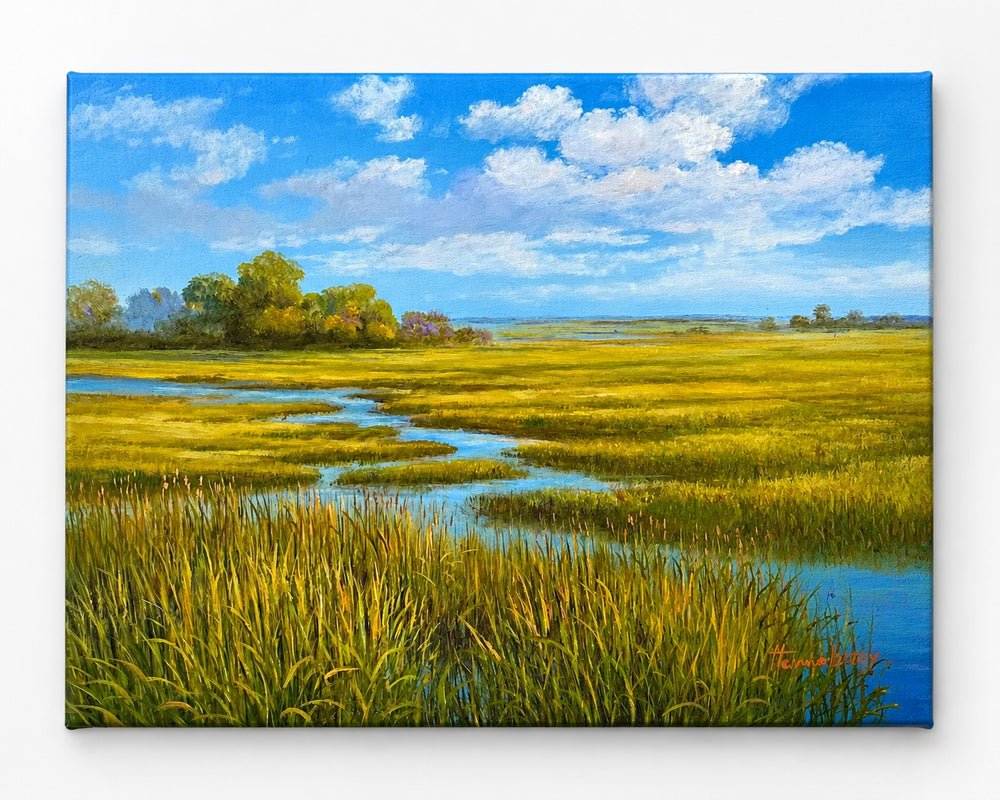 Coastal Winding Blue Marsh Golden Landscape Original Oil Painting by Humprey