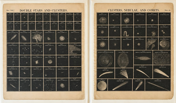 Pair of Antique Celestial Astronomy Charts – Nebulae, Comets & Star Clusters by Elijah Burritt, 1856