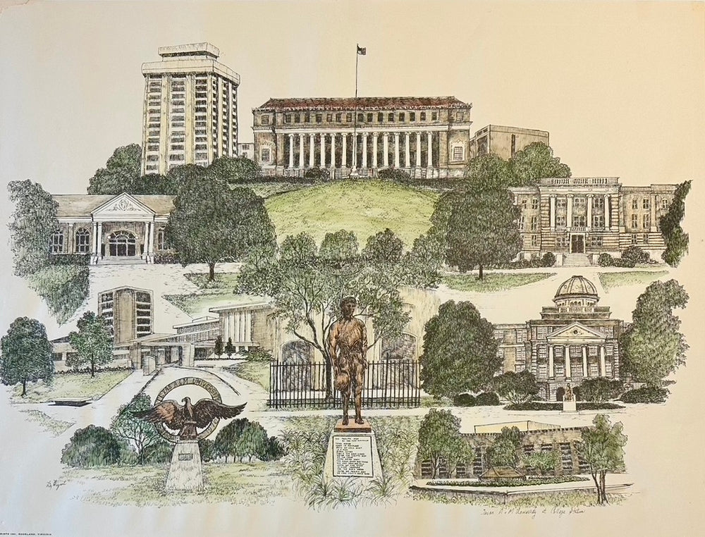 Texas A&M University Campus Print by Liz Bryant – Hand-Colored Architectural Illustration Campus Print by Liz Bryant – Hand-Colored Architectural Illustration