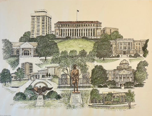 Texas A&M University Campus Print by Liz Bryant – Hand-Colored Architectural Illustration Campus Print by Liz Bryant – Hand-Colored Architectural Illustration