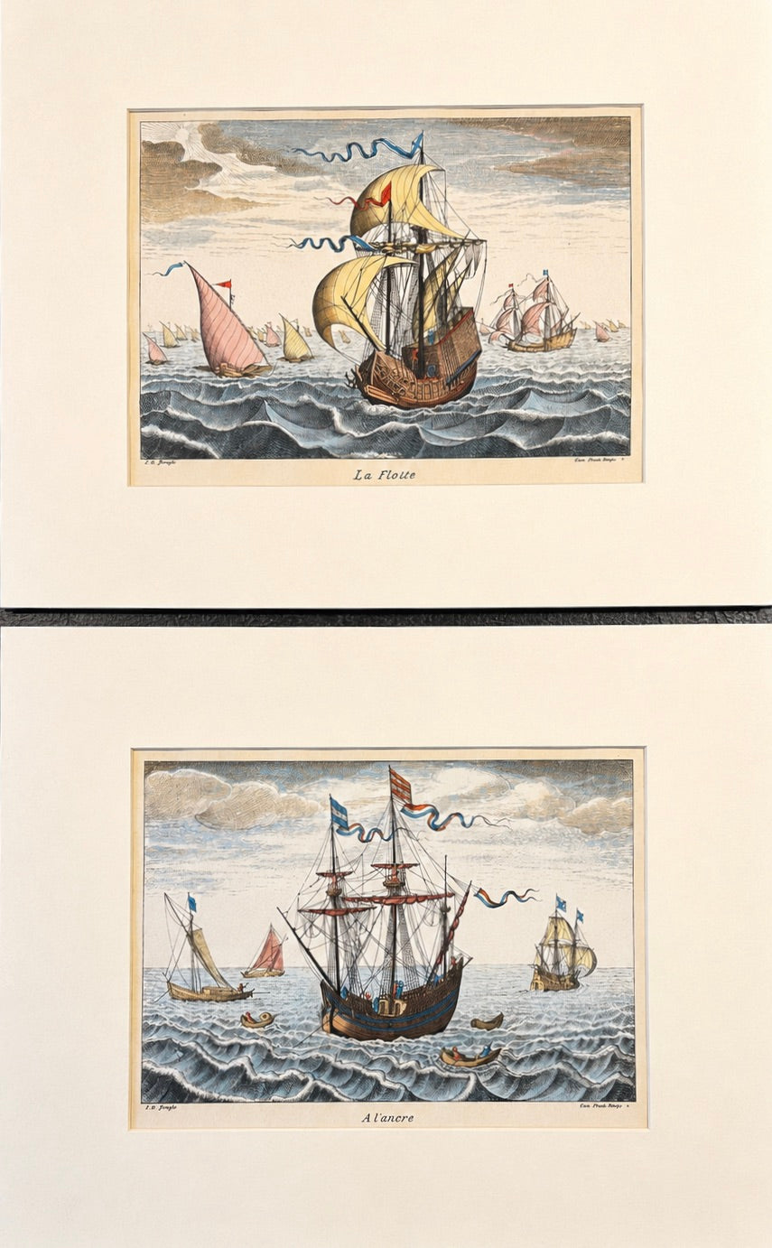 Set of 2 Nautical Ship Engravings – La Flotte & A L'Ancre by F.H. Bruegel | Hand-Colored Maritime Prints 16x20