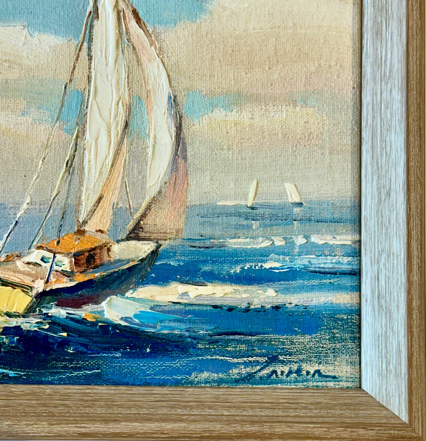Sailboat Seascape Waves Original Oil on Canvas, by Alton (framed)