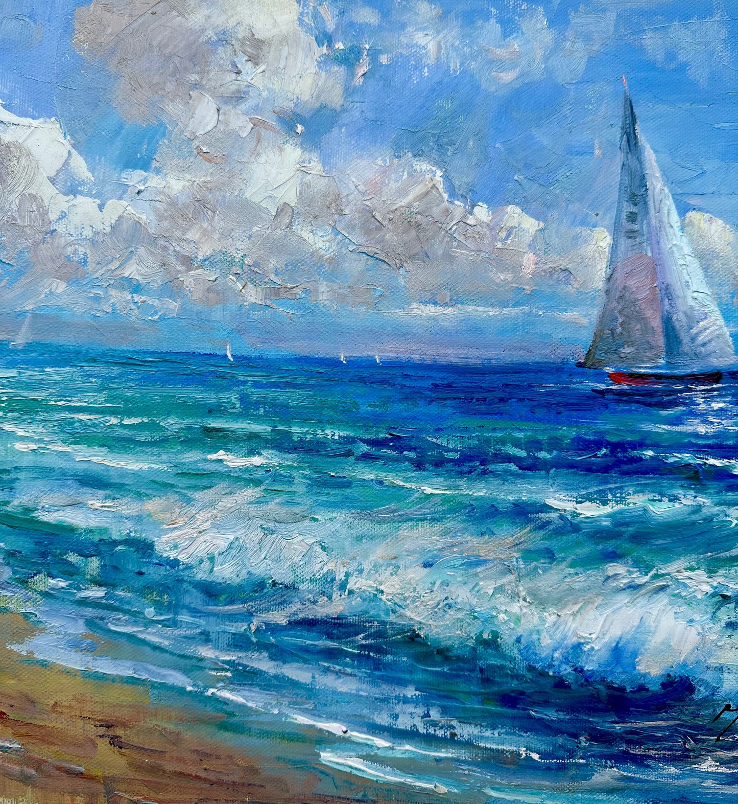 Sailboat Seascape Beach Scene Oil Painting on Canvas, Unstretched, by Matt Thomas