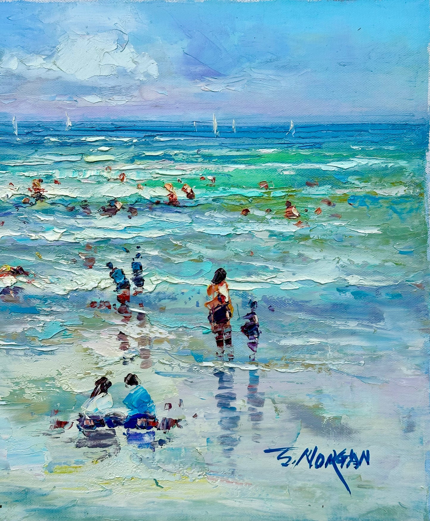 Modern Coastal Beach Seascape Sunset Oil Painting on Canvas, Unstretched, by J. Morgan