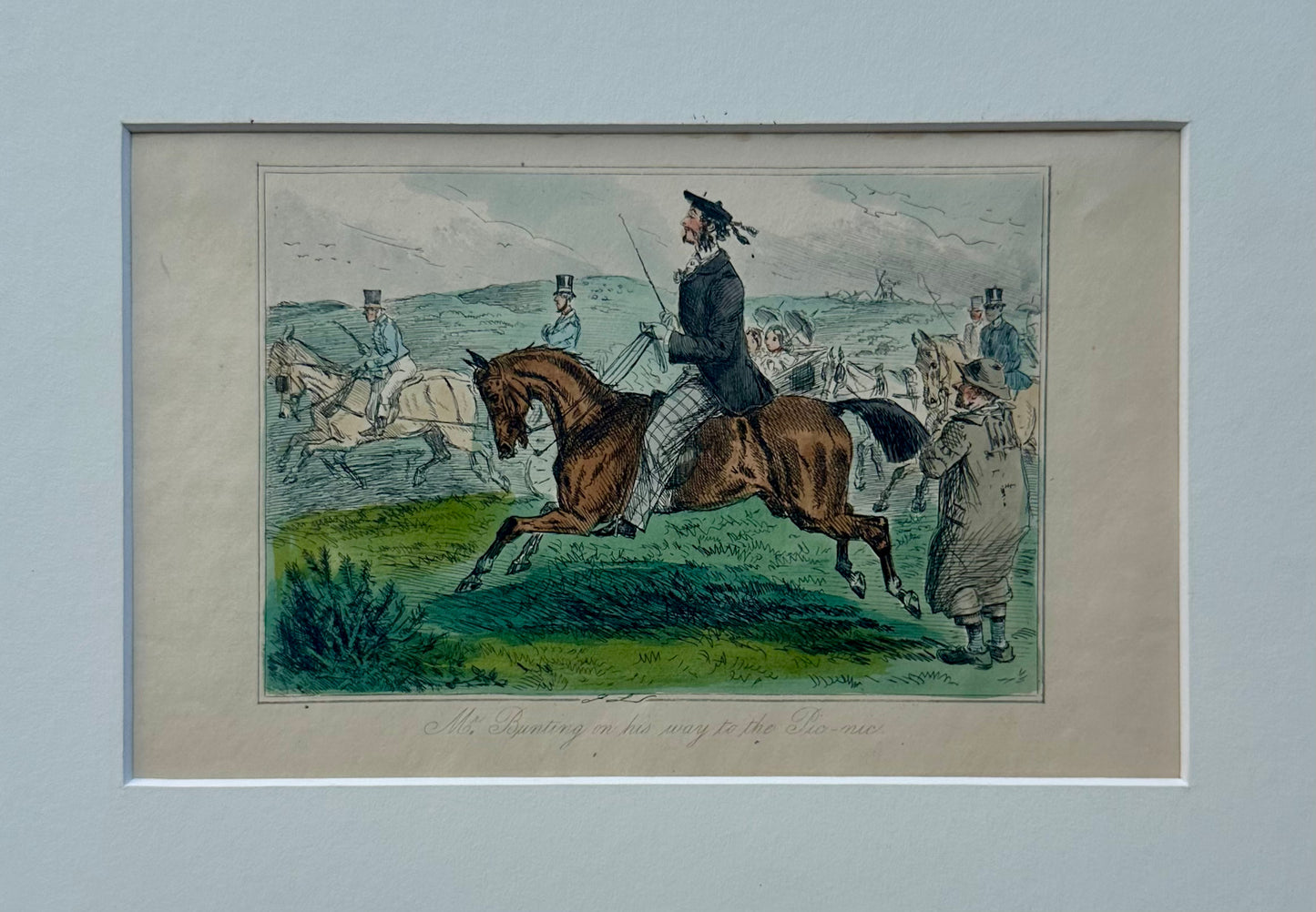 19th Century Hand-Colored English Equestrian Hunting Scene Engraving – “Mr. Bunting on his way to the…” (Fox Hunt Print)