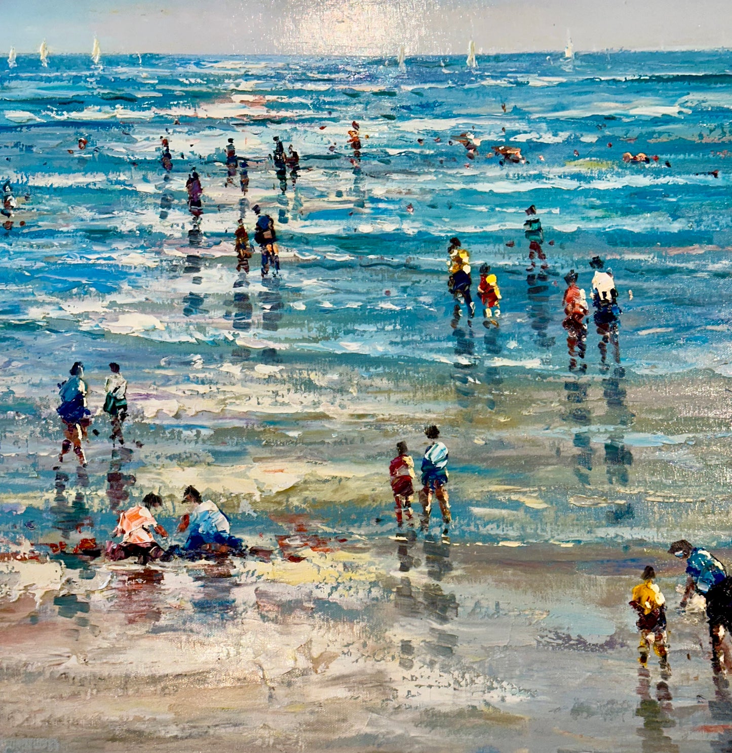 Beach Day Ocean Scene with Figures in Surf, Original Painting By J. Morgan