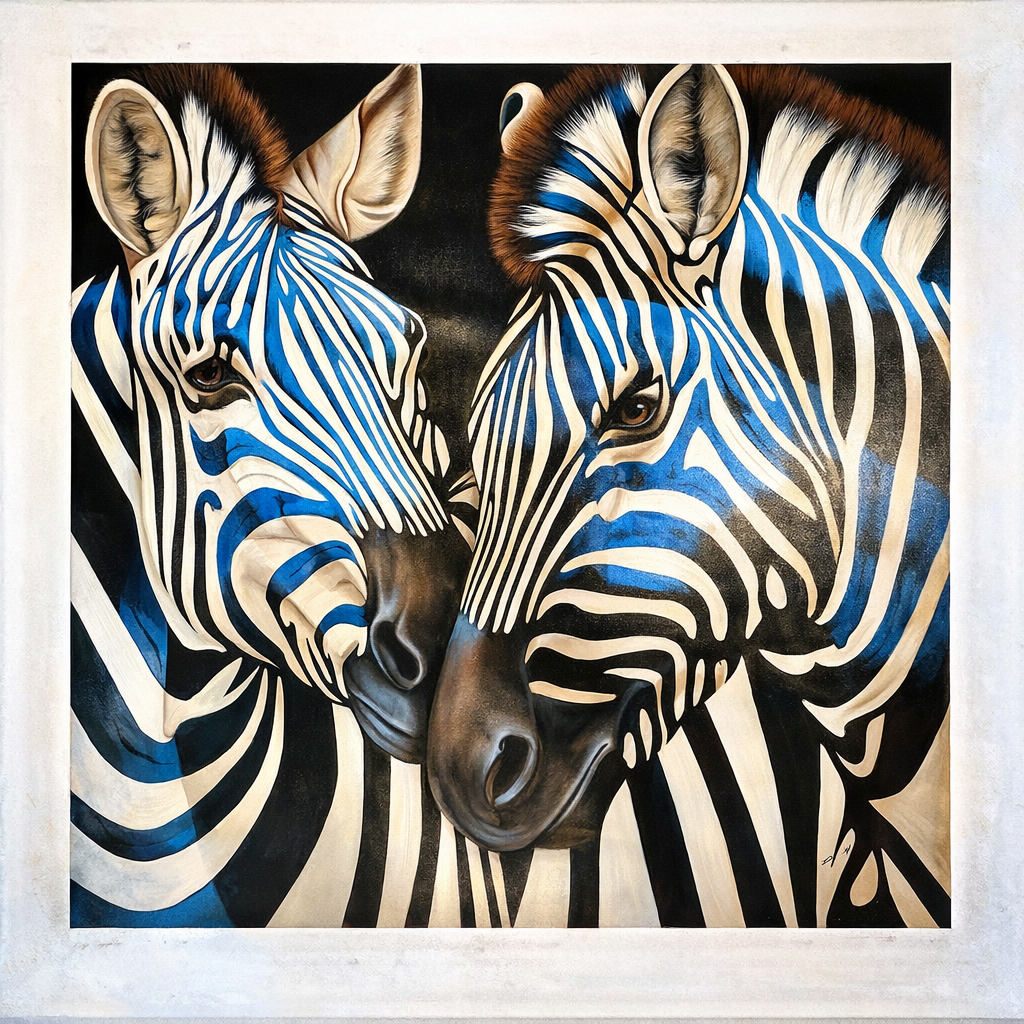 Contemporary Zebra Original Painting in Blue and Black – by P Charles, 36 x 36", Unstretched
