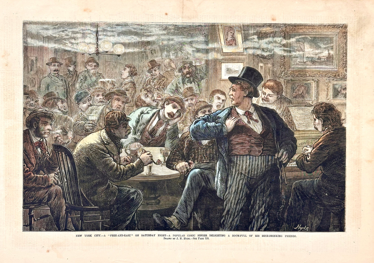 New York City on a Saturday Night, original engraving, 1873