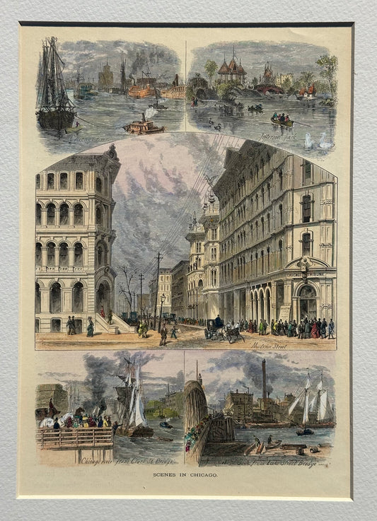 Scenes of Chicago (Madison Street, and the Clark Street/Lake Street bridge), Original Print, 1874