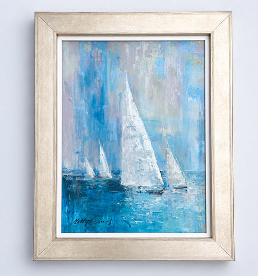 Blue Coastal Sailboat Seascape Original Oil Painting – Framed, by Matt Thomas