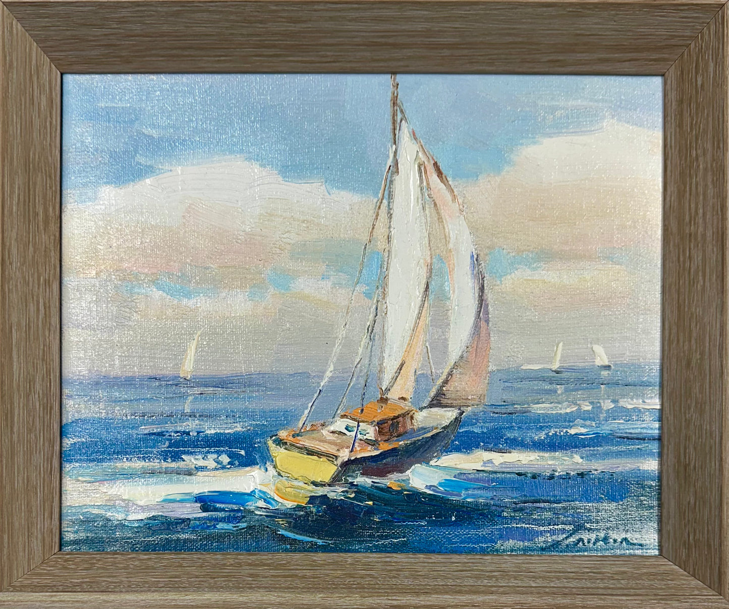 Sailboat Seascape Waves Original Oil on Canvas, by Alton (framed)