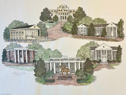 University of South Carolina Campus Print by Liz Bryant – Hand-Colored Architectural Illustration, 24” x 18”