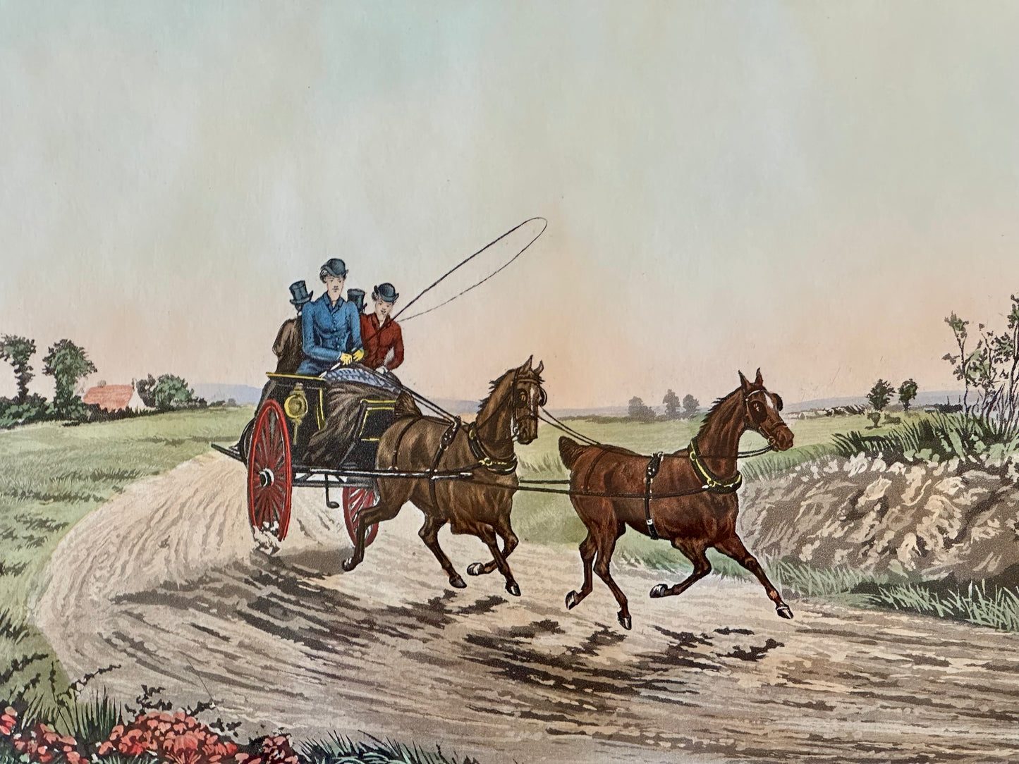 "Tandem", Horse Carriage Scene, Framed Print