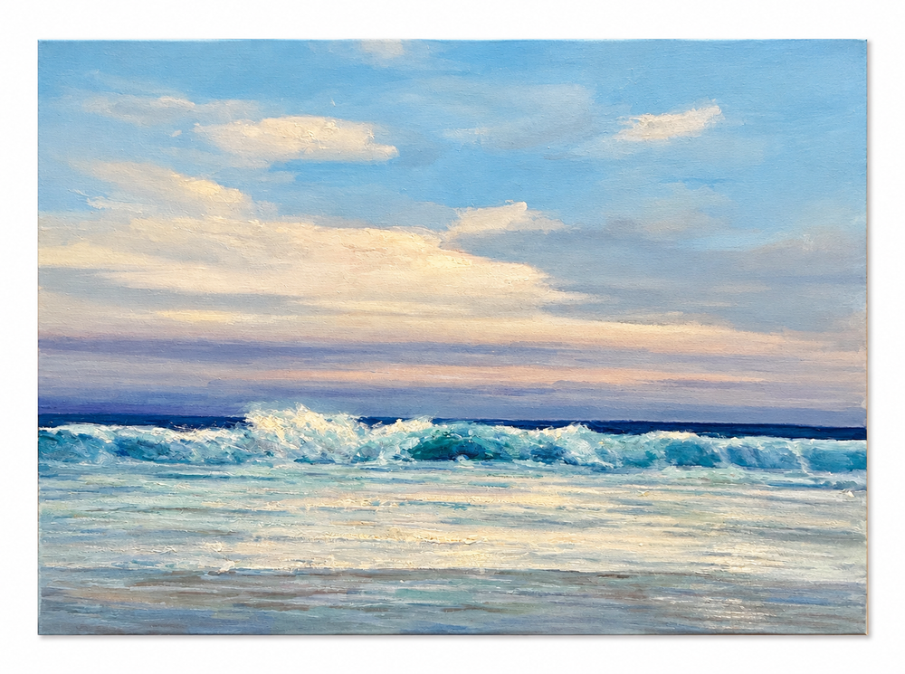 Original Coastal Seascape Oil Painting on Canvas – Ocean Waves & Soft Blue Sky – 24 x 36"