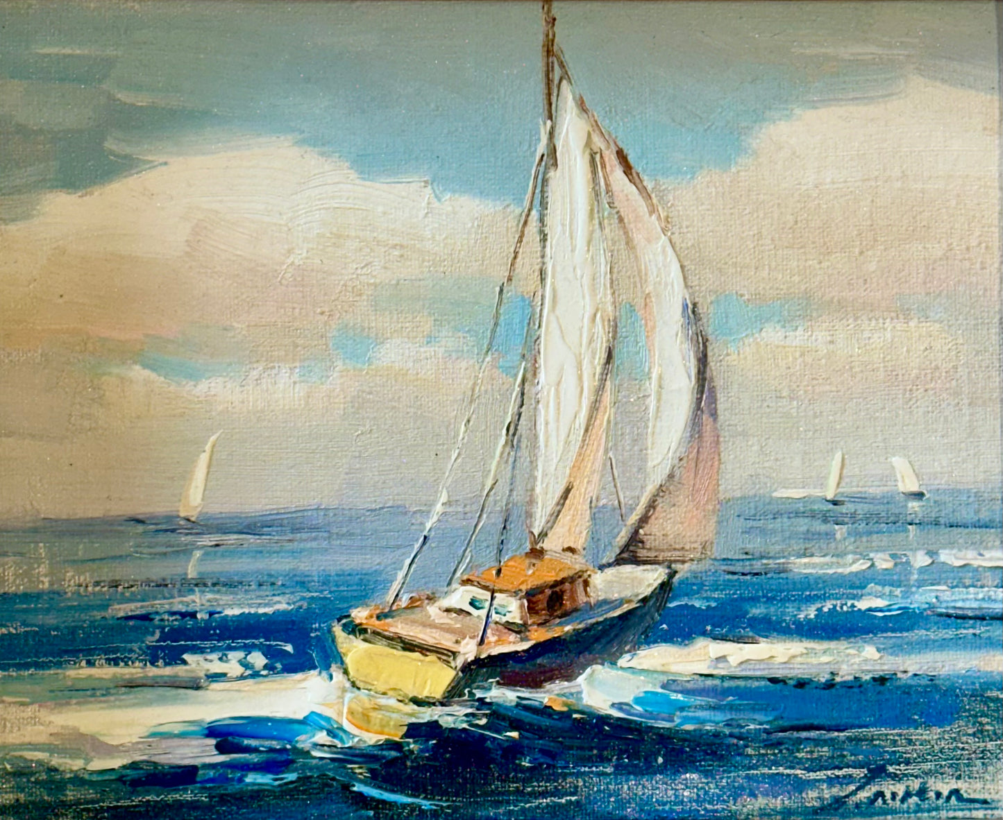 Sailboat Seascape Waves Original Oil on Canvas, by Alton (framed)