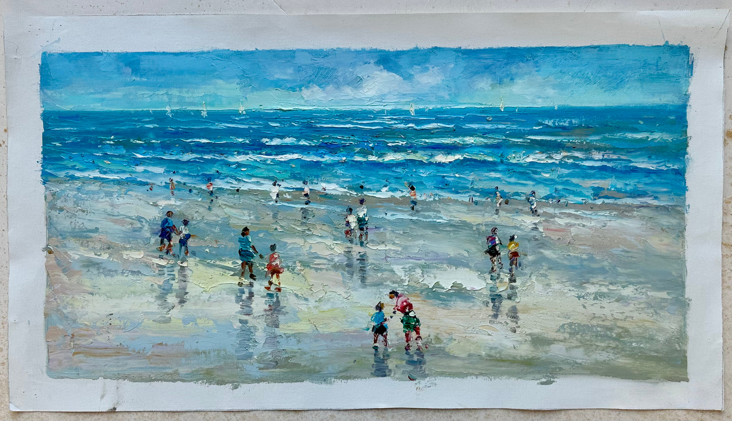 Contemporary Ocean Beach scene painting, Unstretched, By J. Morgan