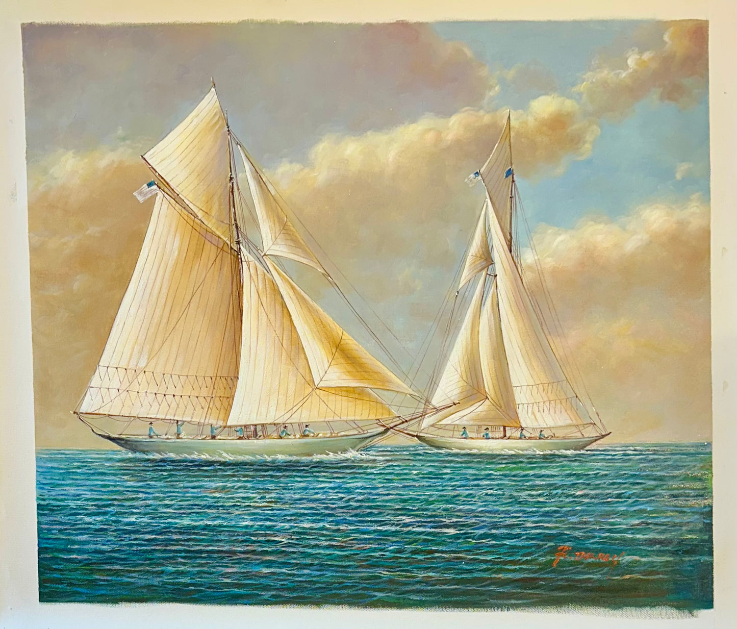 Original Nautical Oil Painting of Racing Schooners by F. Tailroy – Yacht Seascape – 20" x 24" Unstretched Canvas