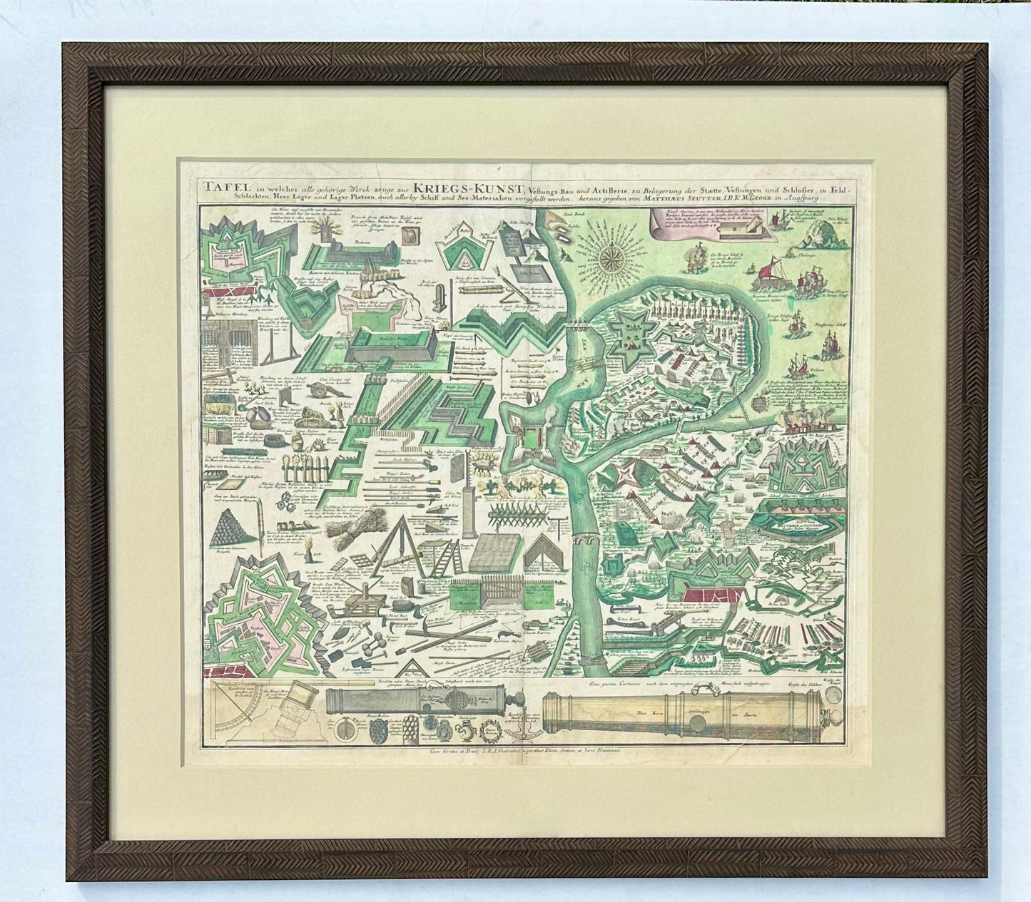 Seutter’s Art of War Chart of Weapons & Military Defense, 1720