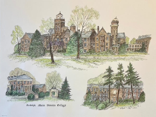 Randolph-Macon College Virginia Campus Print by Liz Bryant – Hand-Colored Architectural Illustration, 24” x 18”