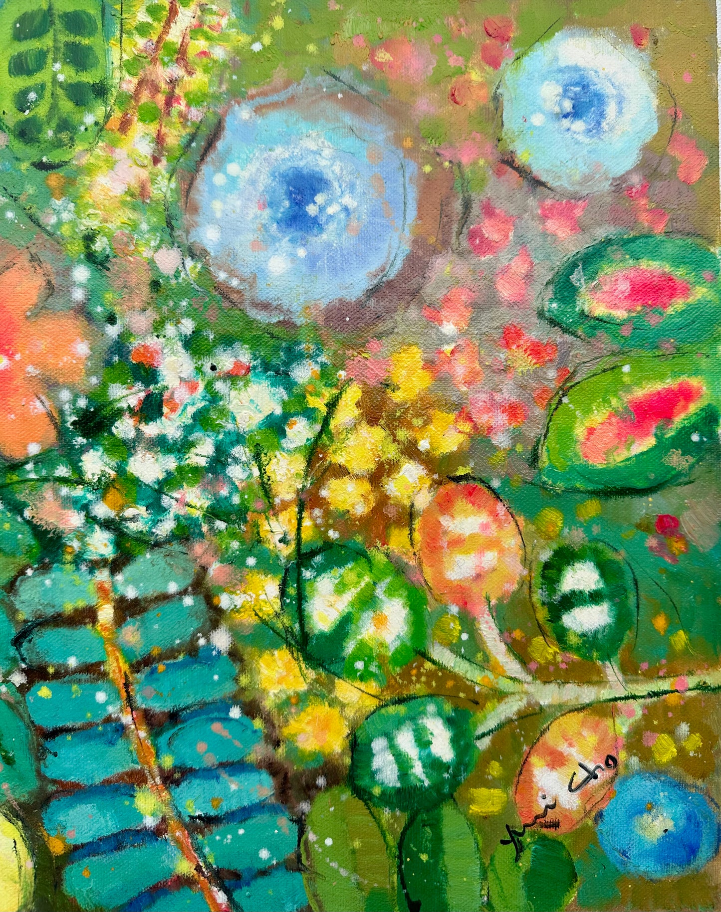 Vibrant Abstract Floral Painting on Canvas, Unstretched, by Youn Cho