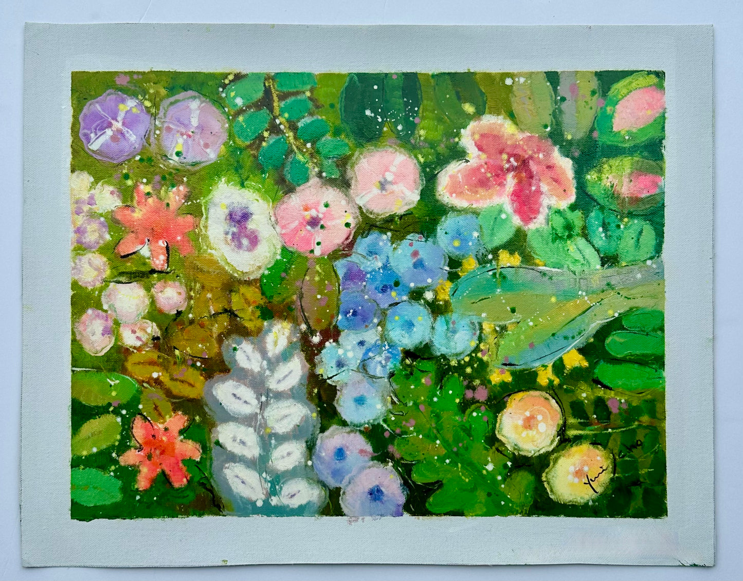 Vibrant Abstract Floral Painting on Canvas, Unstretched, by Youn Cho