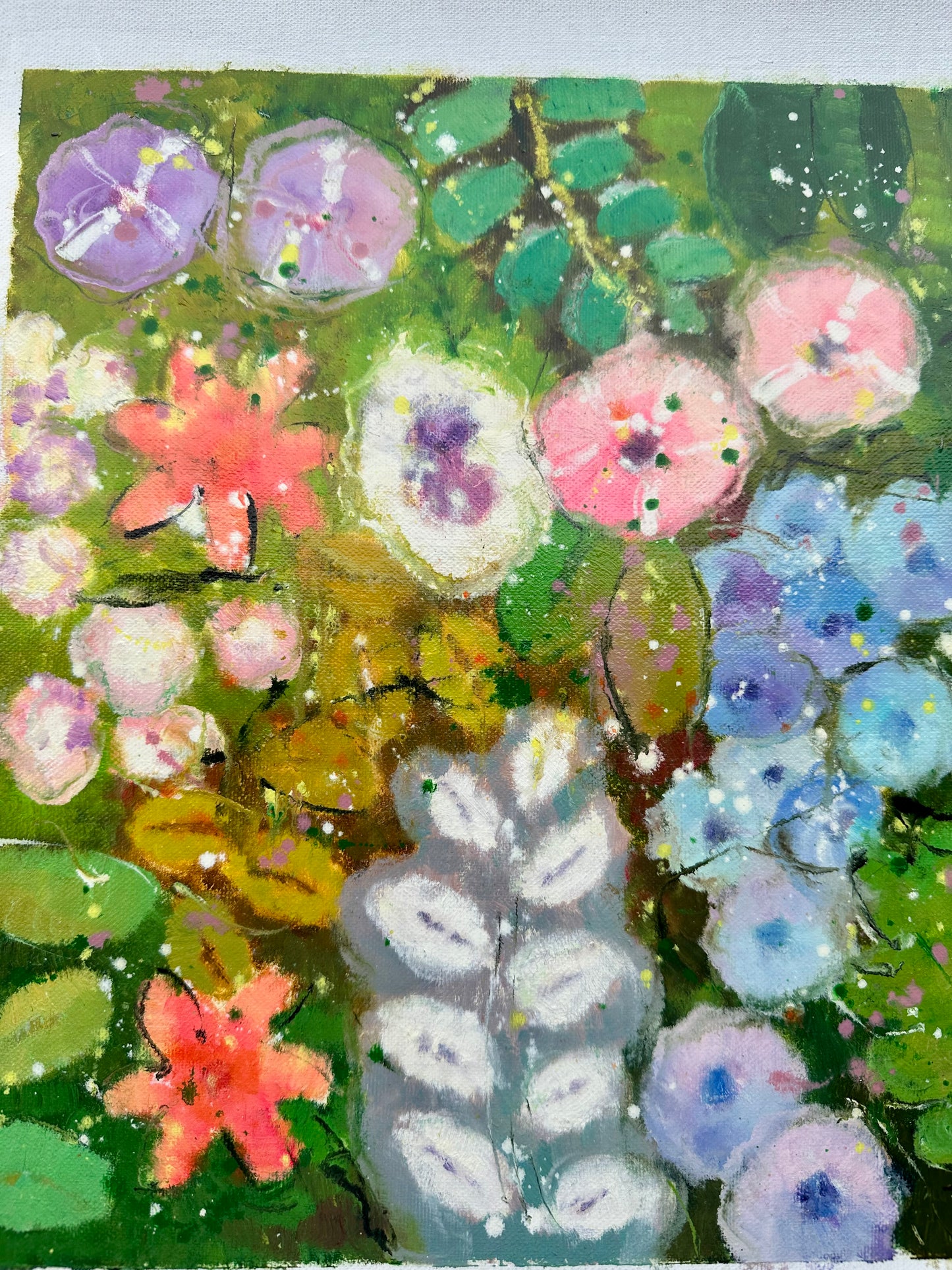 Vibrant Abstract Floral Painting on Canvas, Unstretched, by Youn Cho