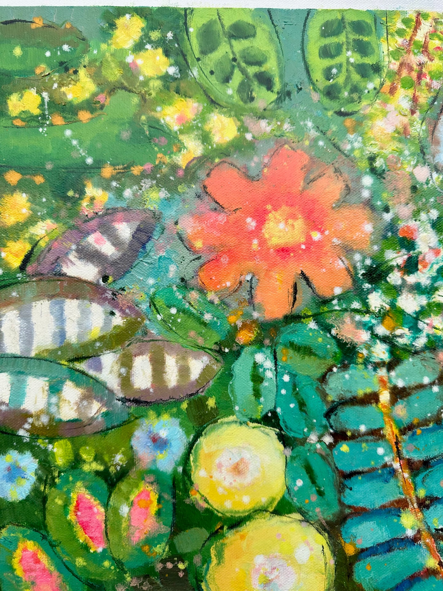 Vibrant Abstract Floral Painting on Canvas, Unstretched, by Youn Cho