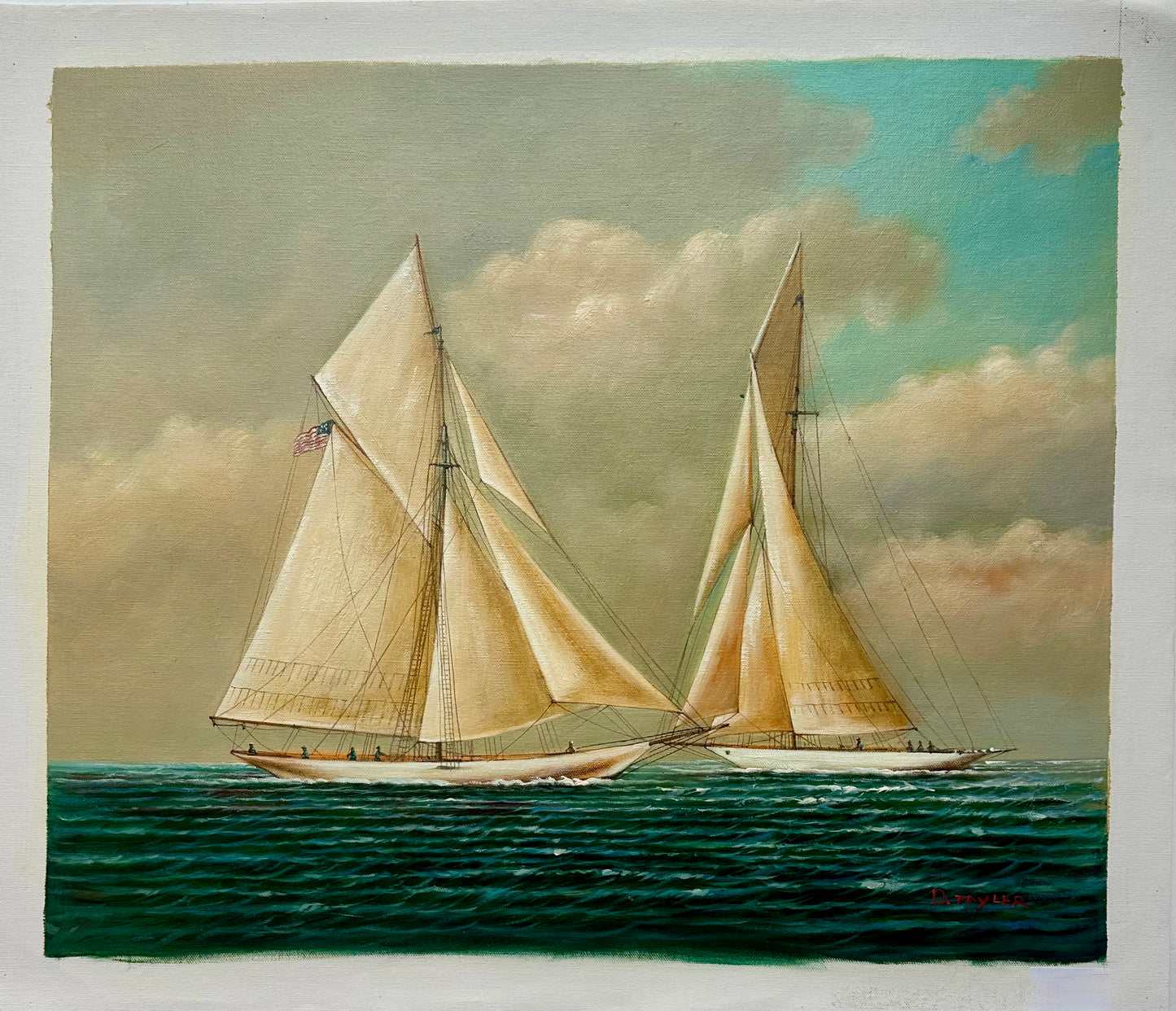 Schooner Yacht Racing Sailing Seascape Oil Painting on Canvas, Unstretched, by D. Tayler