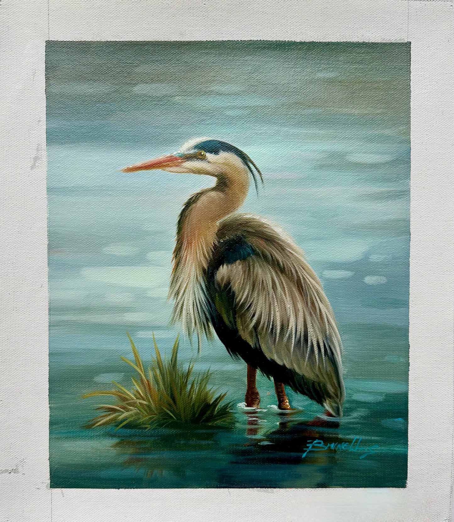 Blue Heron Coastal Original oil on canvas, Unstretched by Brunehylis