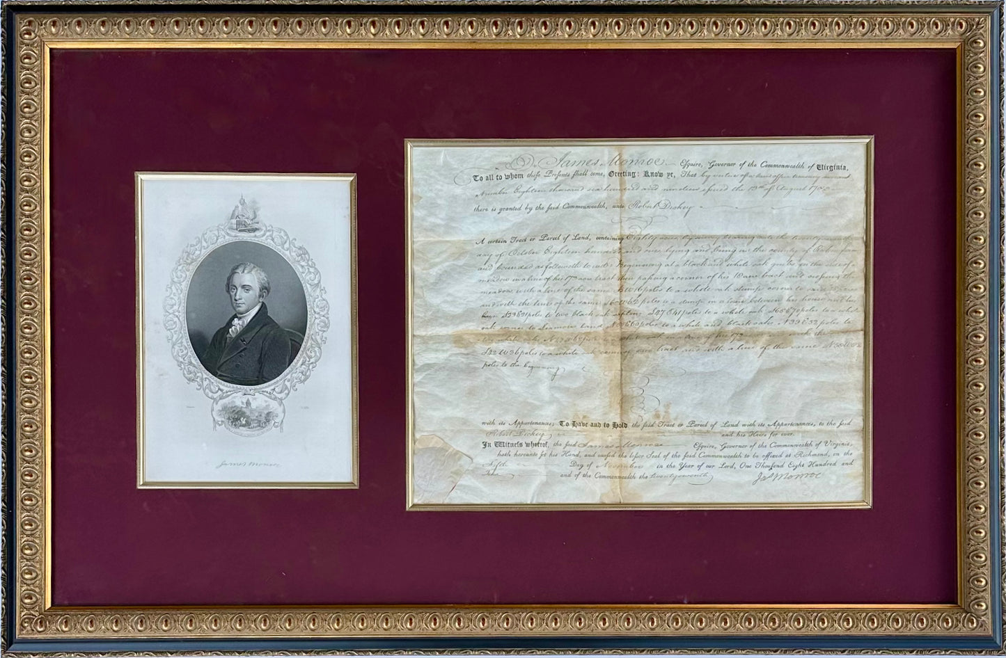 James Monroe Signed Virginia Governor Land Grant Document Autograph, c.1800 — Rockingham County