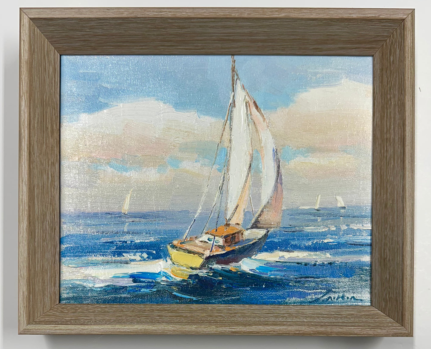 Sailboat Seascape Waves Original Oil on Canvas, by Alton (framed)