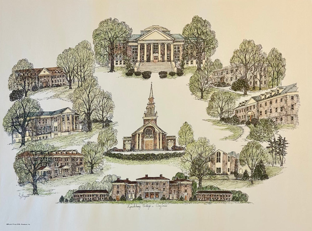 Lynchburg College Virginia Campus Print by Liz Bryant – Hand-Colored Architectural Illustration, 24” x 18”
