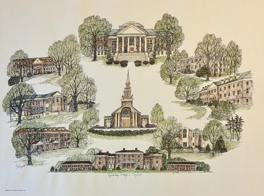 Lynchburg College Virginia Campus Print by Liz Bryant – Hand-Colored Architectural Illustration, 24” x 18”