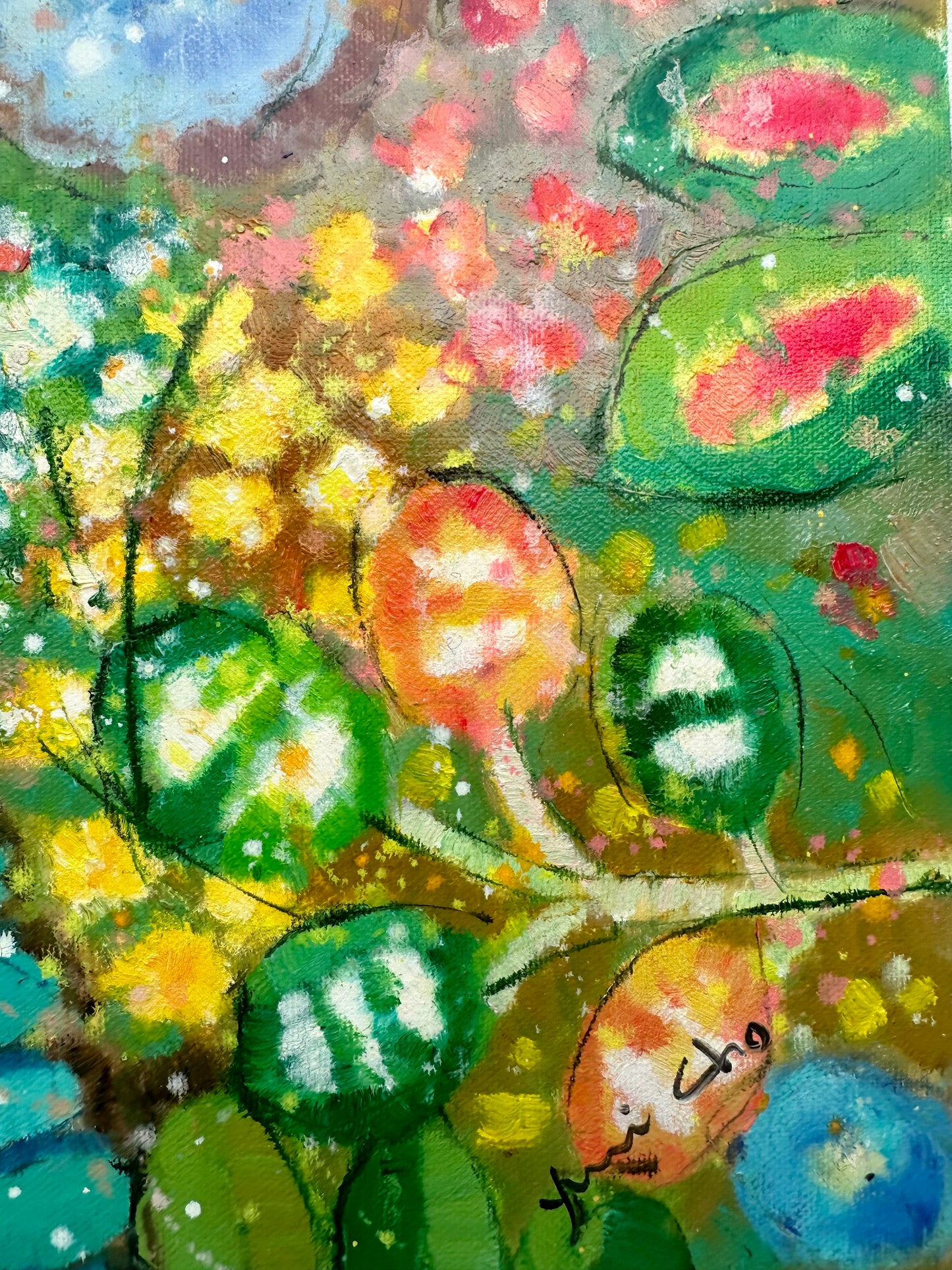 Vibrant Abstract Floral Painting on Canvas, Unstretched, by Youn Cho