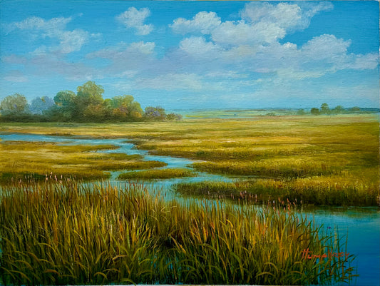 Coastal Winding Blue Marsh Golden Landscape Oil Painting on Canvas, Unstretched, by Humprey