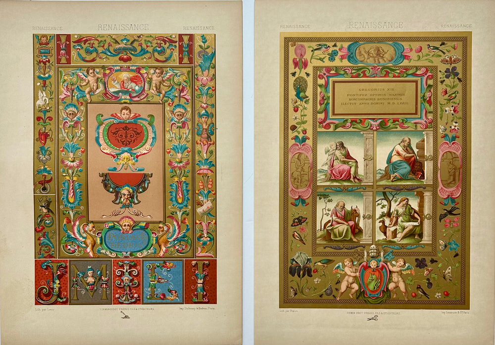 Antique Renaissance Illuminated Chromolithograph Prints, — Set of 2, 1869