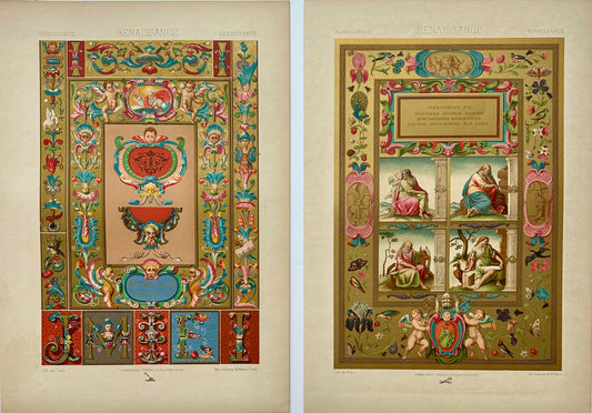 Antique Renaissance Illuminated Chromolithograph Prints, — Set of 2, 1869