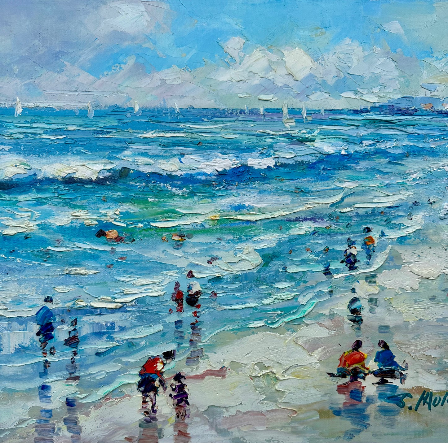 Contemporary Coastal Beach Seascape Oil Painting on Canvas, Unstretched, by J. Morgan